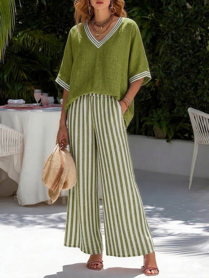 Chic Striped Women's Linen Cotton Ensemble