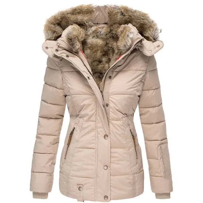 Women's Winter Jacket with Faux Fur Hood - Warm Quilted Jacket Fitted