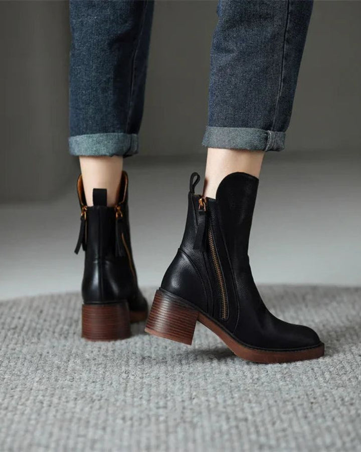 Elegant Women's Leather Ankle Boots with Block Heel - Comfortable Ankle Boots