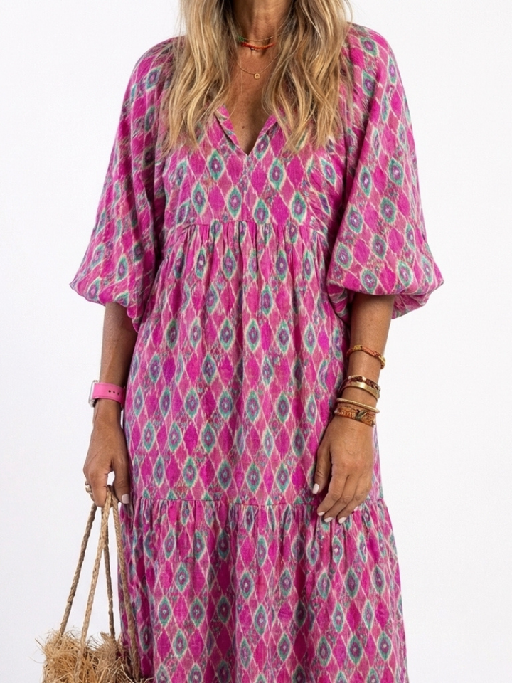 Lightweight Elegant Women's V-Neck Patterned Midi Dress