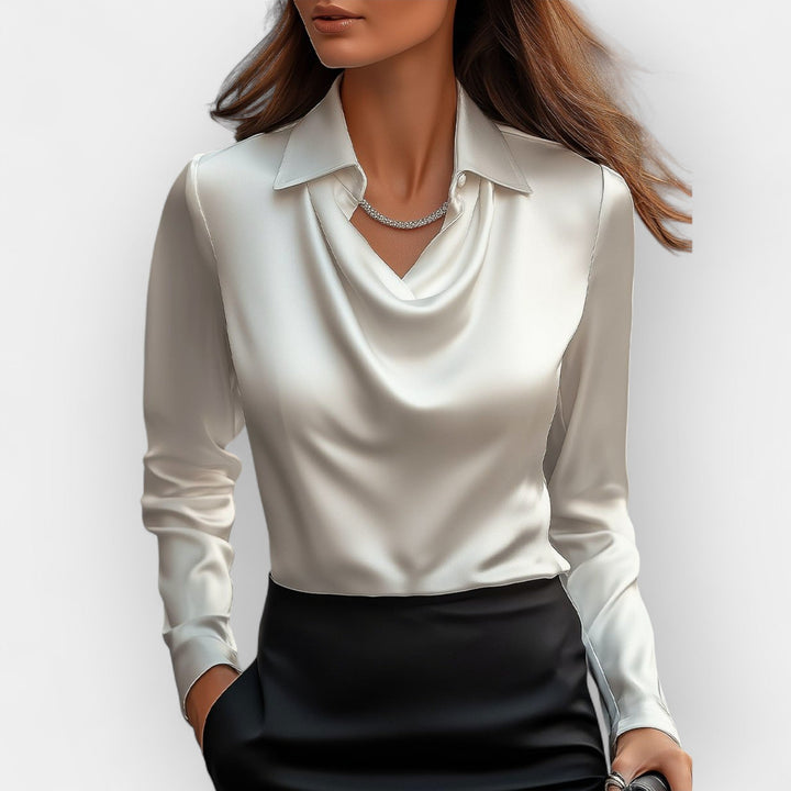 Elegant Women's Satin Blouse with Waterfall Collar - Refined Blouse for Business and Special Occasions