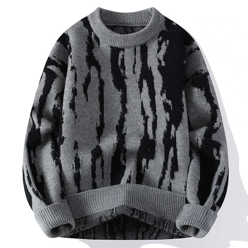 Men's Abstract Dune Pattern Knit Sweater - Crewneck Midweight Knit Pullover