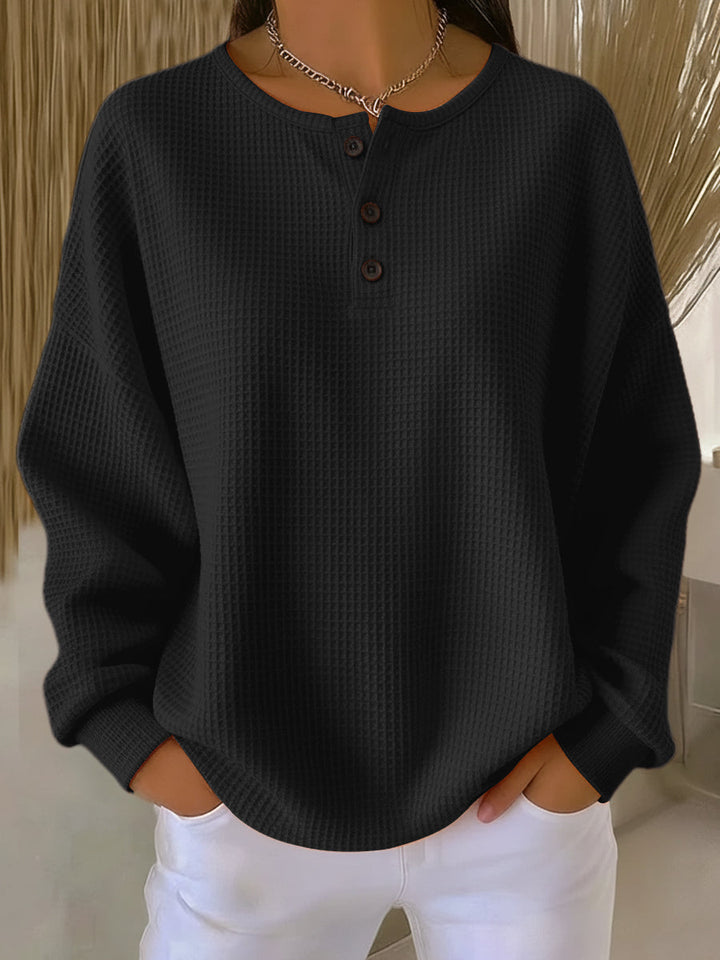 Elegant Women's Henley Sweater with Button Placket - Textured Fabric