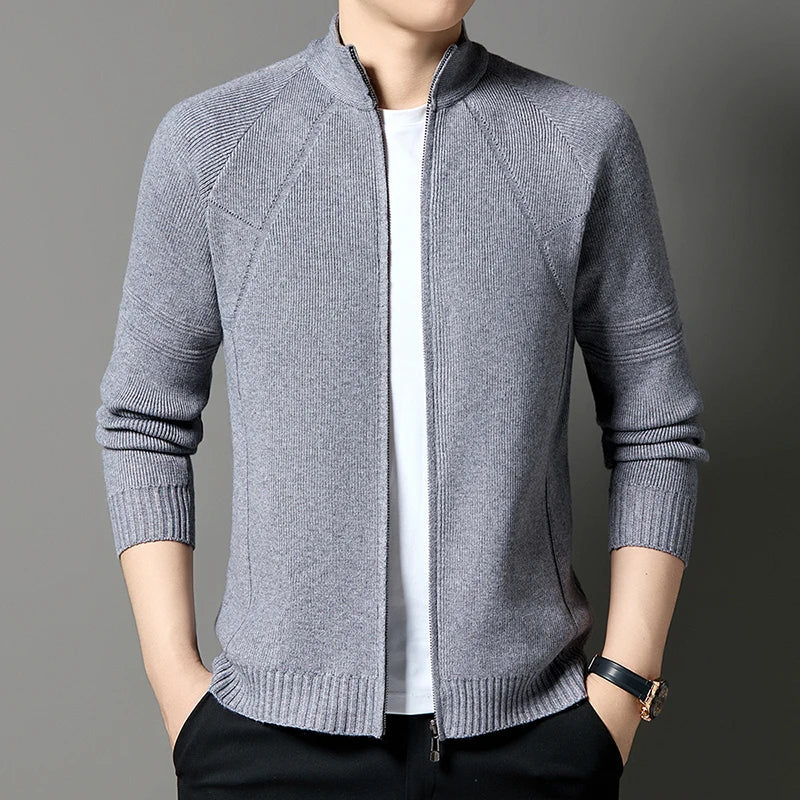 Men's Knitted Cardigan with Stand Collar - Full Zip and Wool Blend