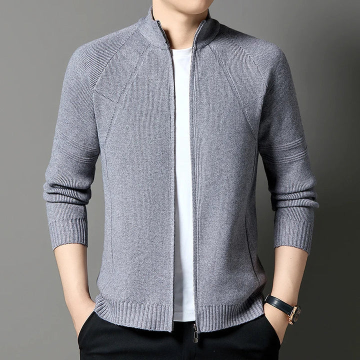 Men's Knitted Cardigan with Stand Collar - Full Zip and Wool Blend