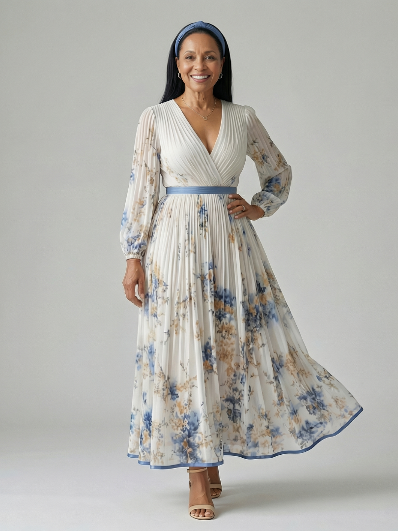 Elegant Pleated Wrap Women's Midi Dress