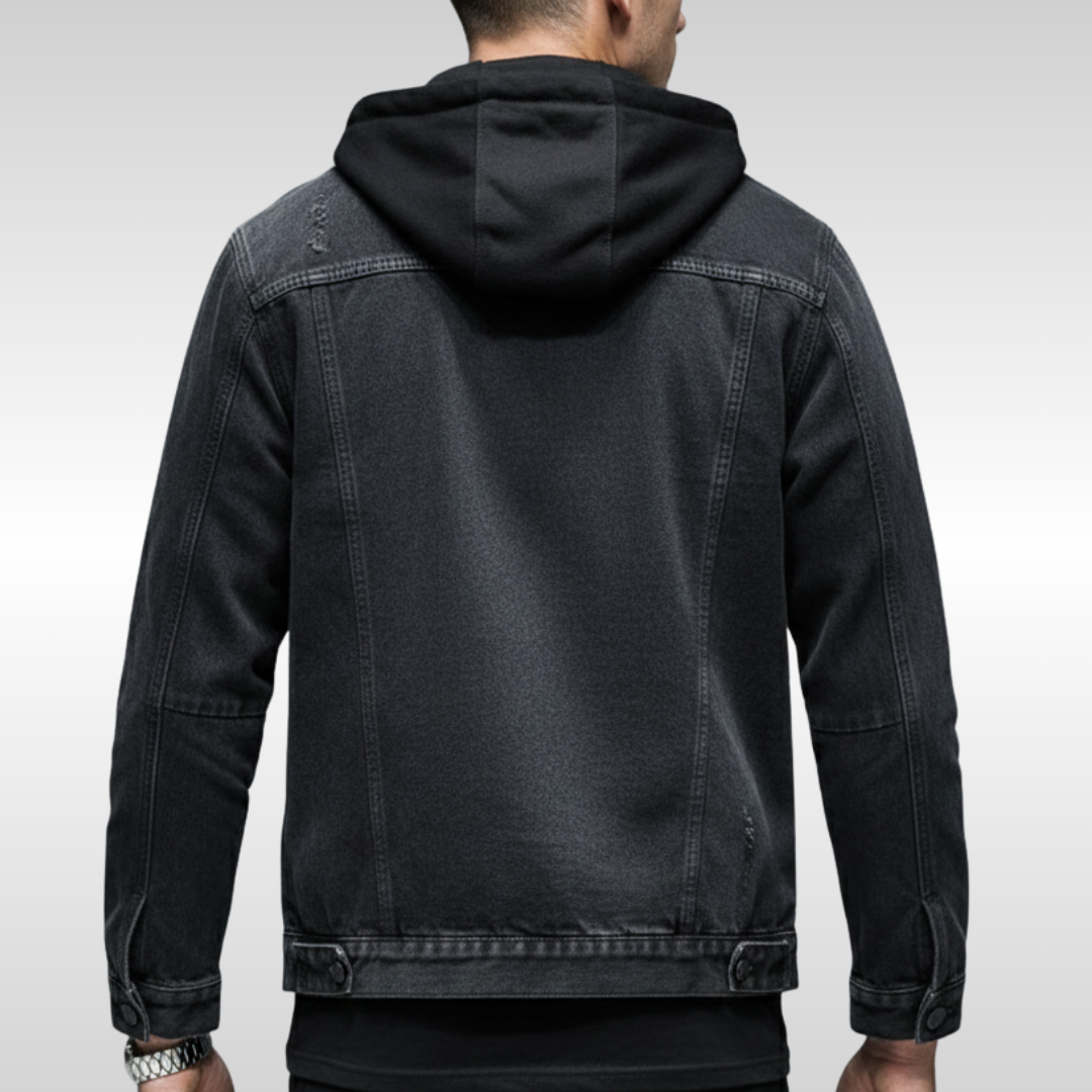 Men's Lined Denim Jacket with Removable Hood for Winter