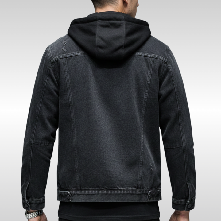 Men's Lined Denim Jacket with Removable Hood for Winter