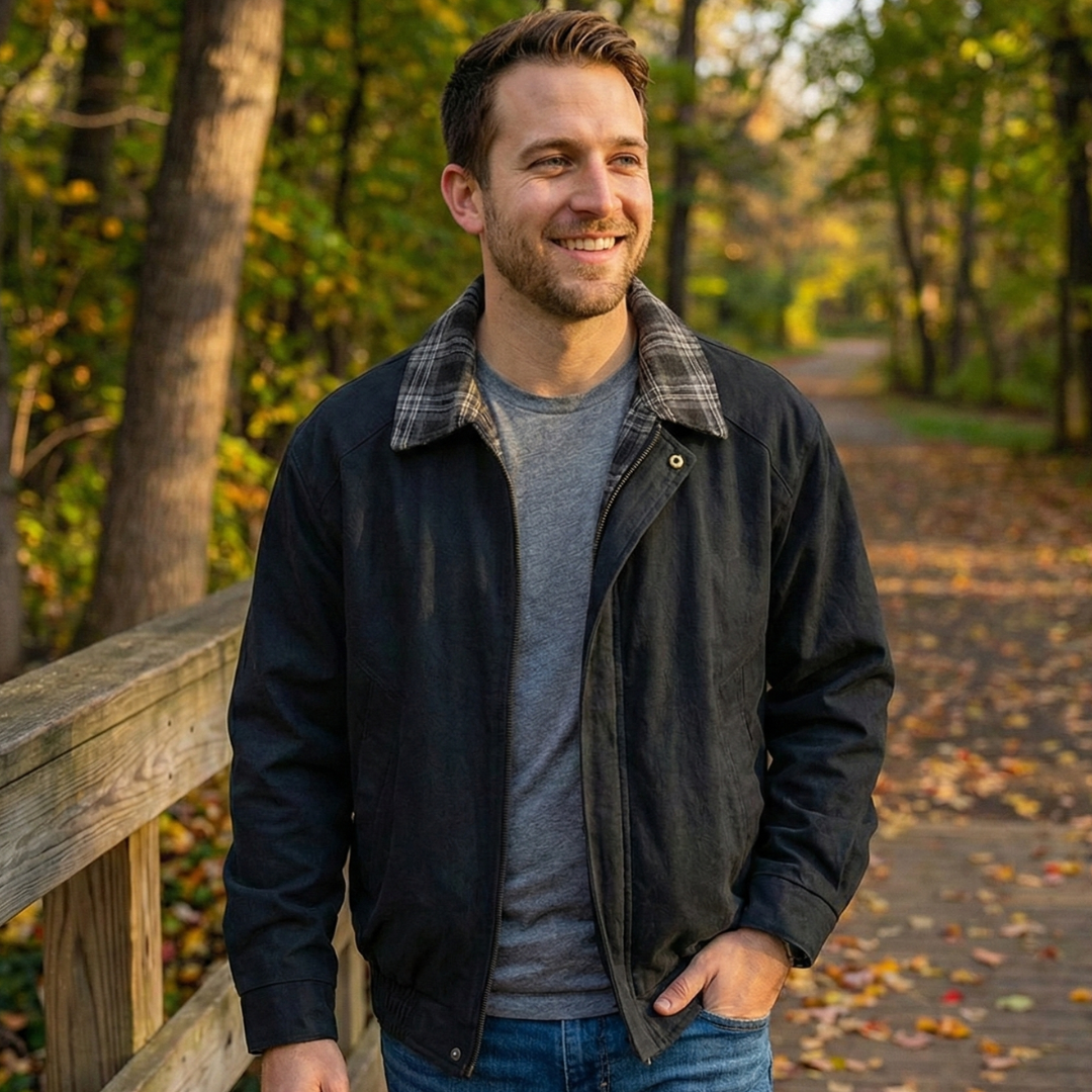 Rugged Men's Layered Jacket with Plaid Details