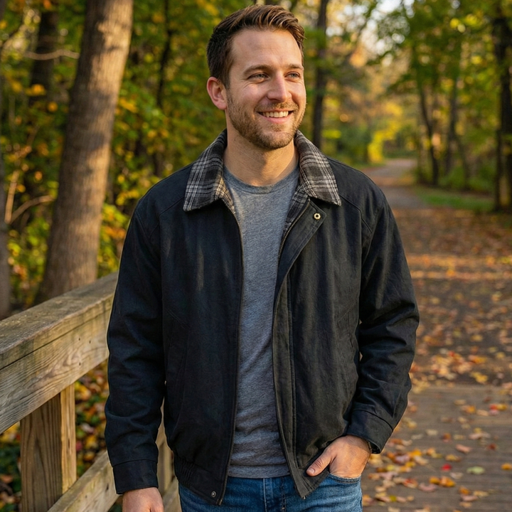 Rugged Men's Layered Jacket with Plaid Details
