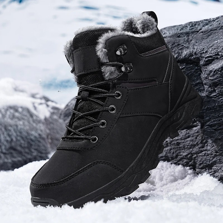 Men's Warm Winter Boots with Faux Fur Upper - Ankle-High Lace-Up Boots