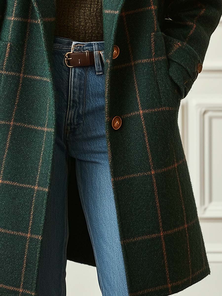 Elegant Women's Tweed Coat with Plaid Pattern and Lapels - Retro Wool Coat