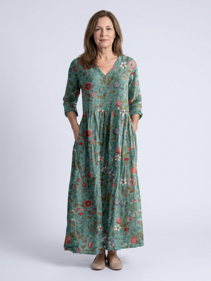Elegant Breathable Women's Floral V-Neck Three Quarter Sleeve Maxi Dress