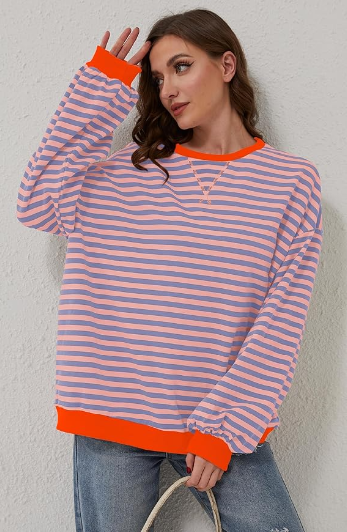 Women's Striped Oversized Sweatshirt - Casual Pullover with Contrast Accents