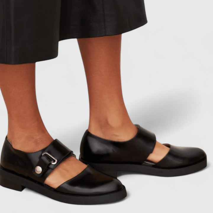 Elegant Women's Shoes with Metal Buckle and Low Heel - Black