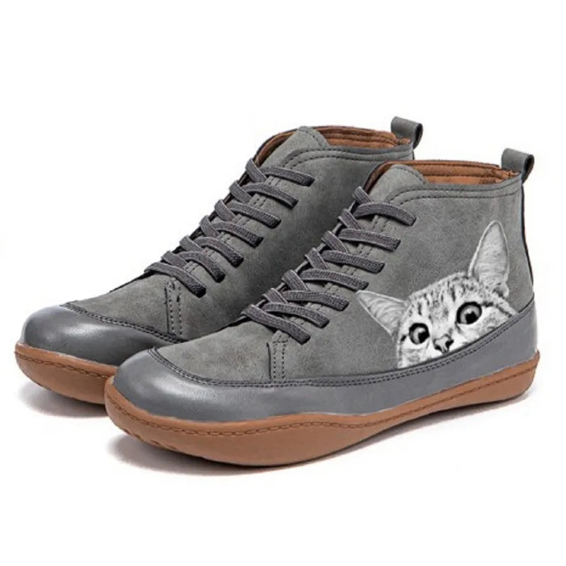 Women's Leather Ankle Boots with Cat Design - Warm-Lined Winter Boots