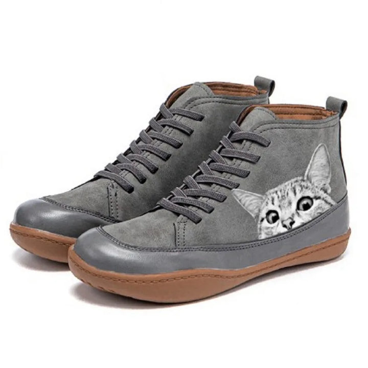 Women's Leather Ankle Boots with Cat Design - Warm-Lined Winter Boots