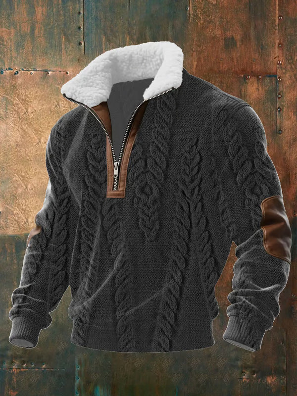 Warm Men's Sweater with Zip and Faux Fur Collar