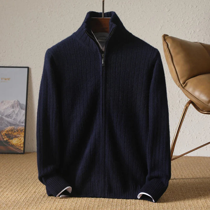 Men's Merino Wool Cardigan with Stand Collar and Zipper