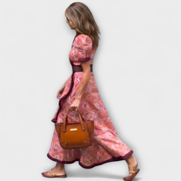 Elegant Pink Women's Maxi Dress with Short Sleeves - Flowy Fit
