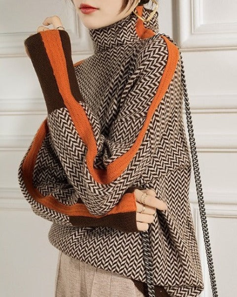 Women's Turtleneck Sweater with Geometric Pattern - Elegant Knit Pullover