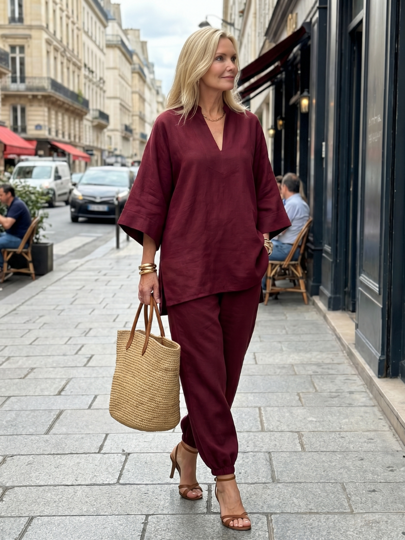 Elegant Relaxed Women's V-Neck Tunic & Gathered Trouser Set