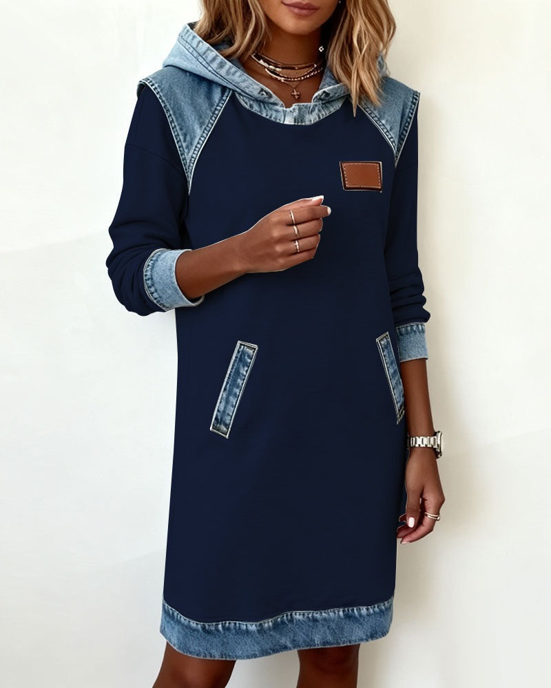 Women's Casual Hoodie Dress with Denim Inserts