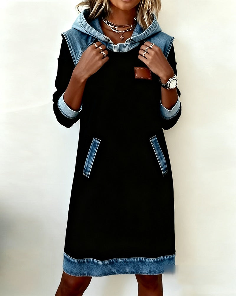 Women's Casual Hoodie Dress with Denim Inserts