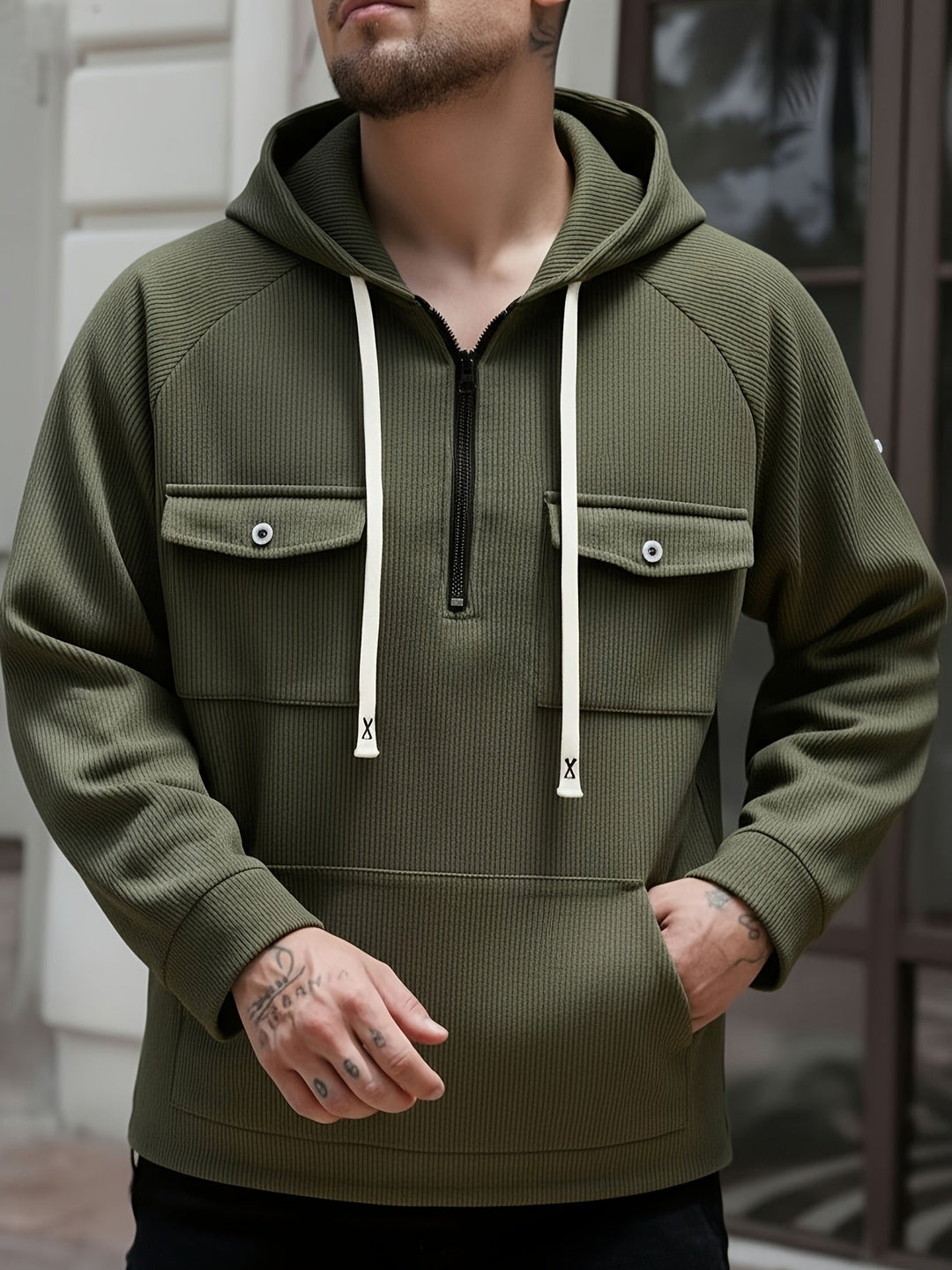 Men's Quarter-Zip Hoodie with Chest Pockets