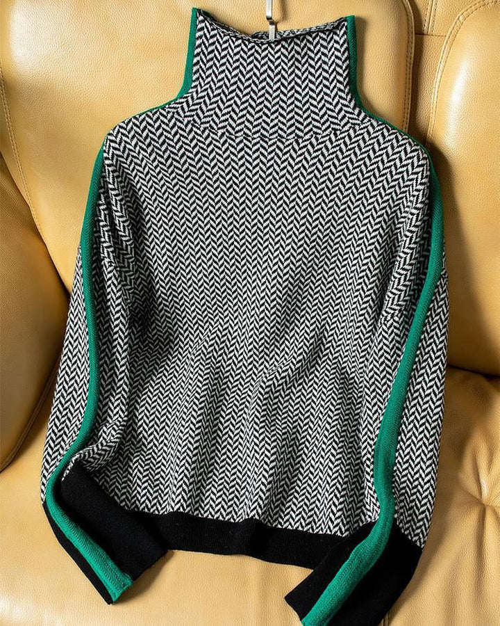 Women's Turtleneck Sweater with Geometric Pattern - Elegant Knit Pullover