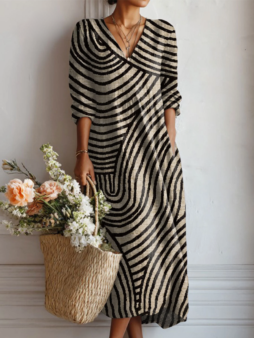 Women's Vintage Geometric Linen Dress with Pockets - Multicolor