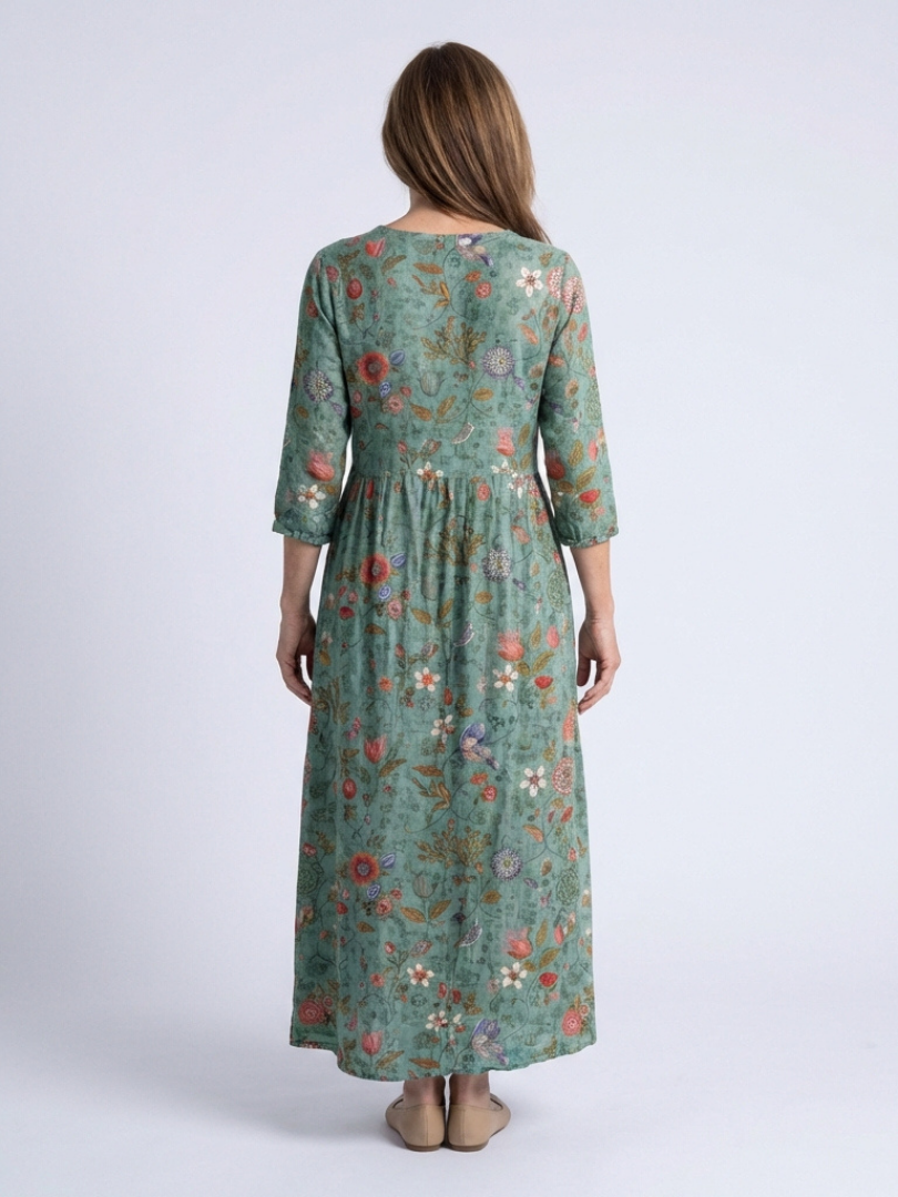 Elegant Breathable Women's Floral V-Neck Three Quarter Sleeve Maxi Dress