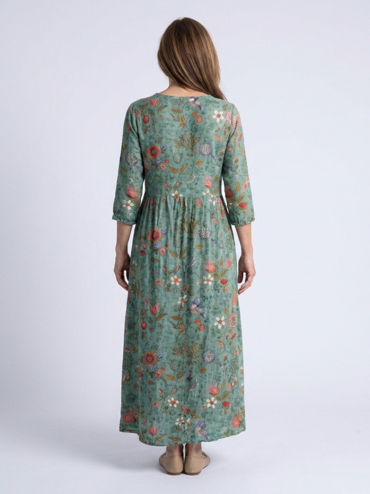 Elegant Breathable Women's Floral V-Neck Three Quarter Sleeve Maxi Dress