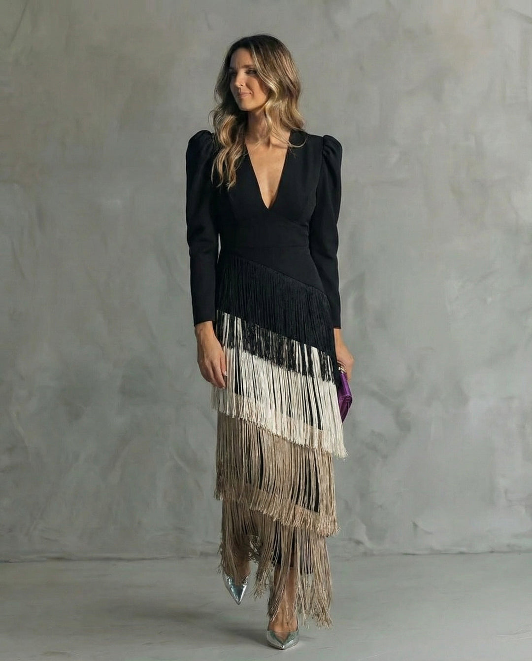 Elegant Fringe Sleeve Women Midi Wedding Guest Dress