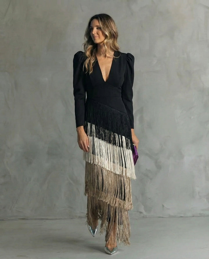 Elegant Fringe Sleeve Women Midi Wedding Guest Dress