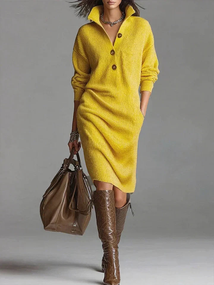 Elegant Women's Knit Dress with Collar and Button Details - Long Sleeve Winter