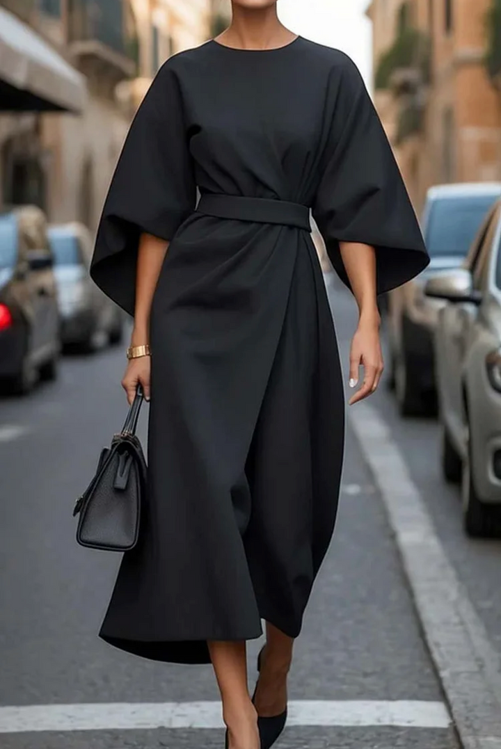 Elegant Women's Midi Dress with Lantern Sleeves - Figure-Hugging and Versatile