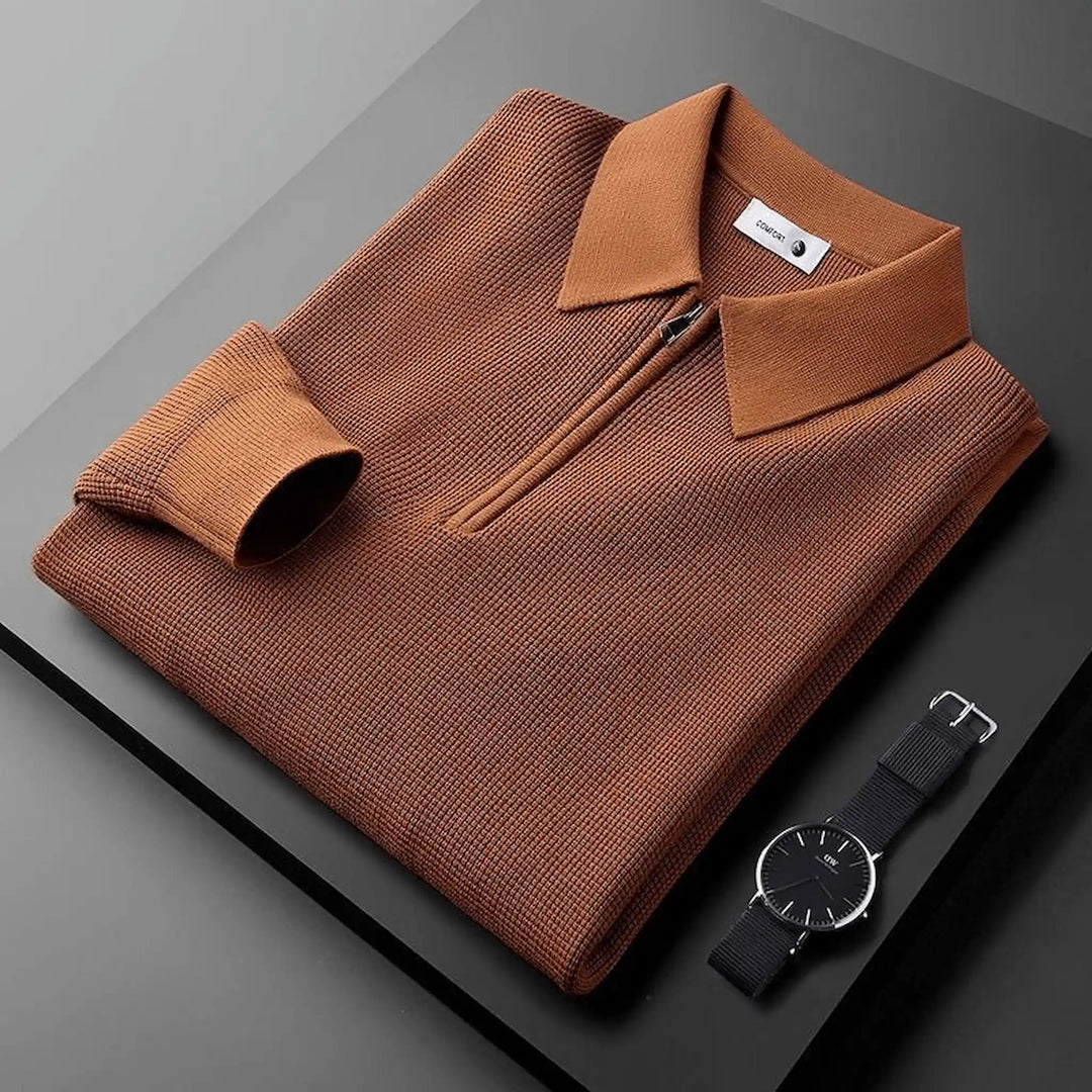Men's Waffle-Knit Pullover with Zipper - Textured Quarter-Zip