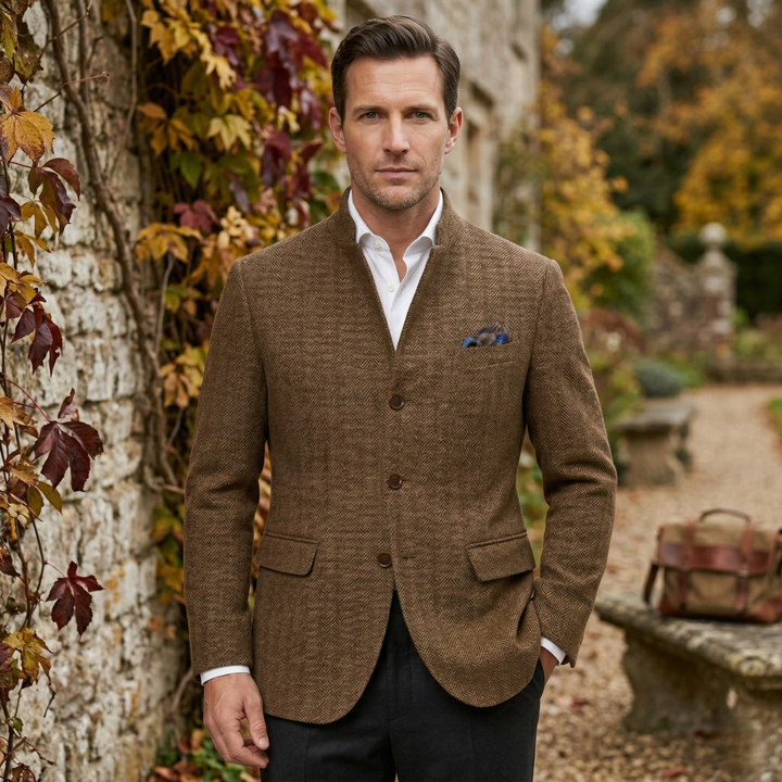 Classic Refined Men's Wool Single Breasted Tweed Blazer Jacket