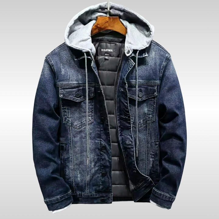 Men's Lined Denim Jacket with Removable Hood for Winter