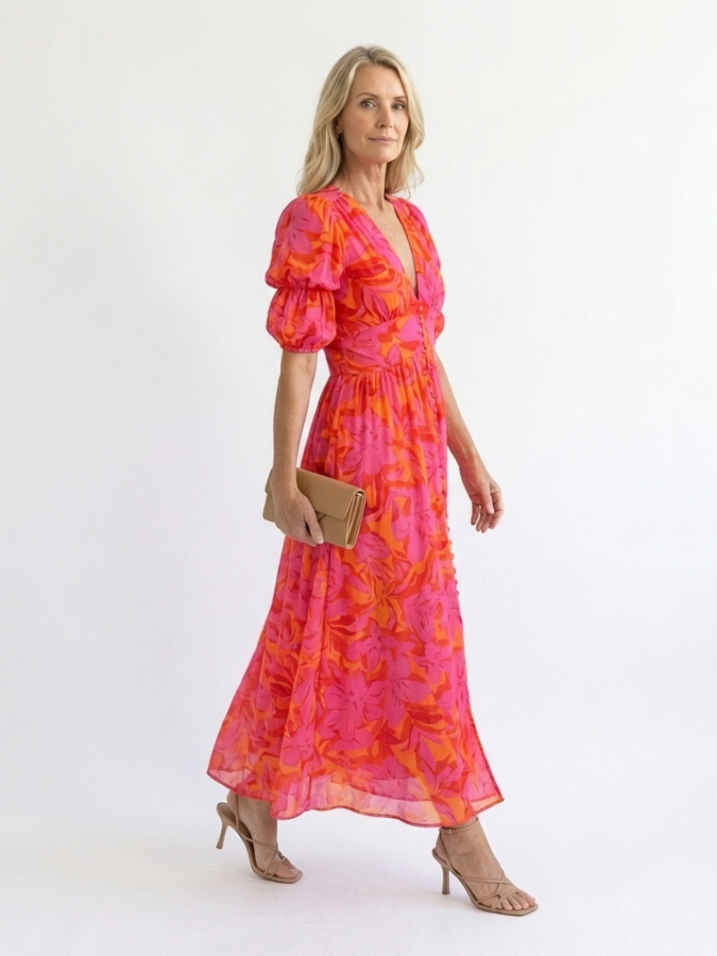 Elegant Floral Women's V-Neck Puff Sleeve Midi Dress
