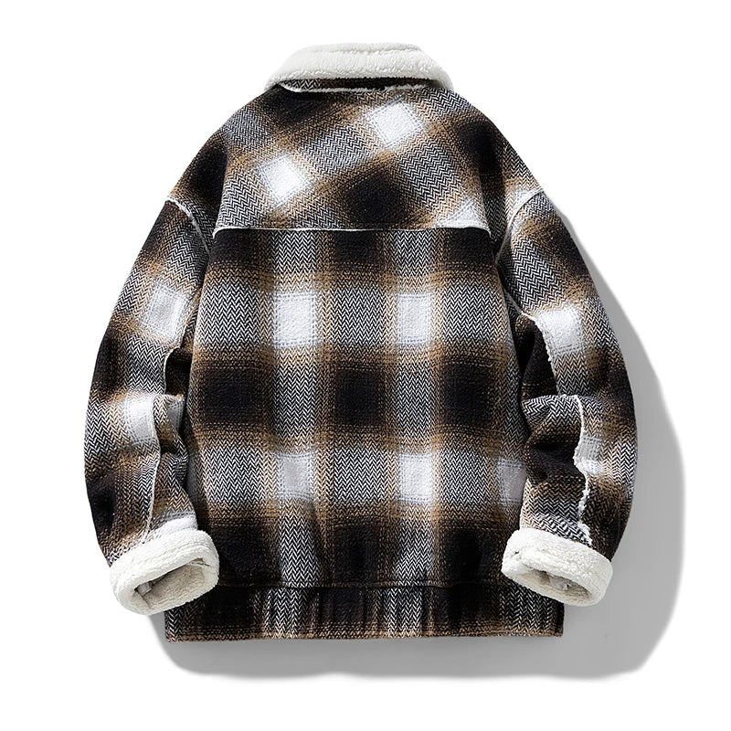Men's Wool Jacket with Velvet Lining - Textured Plaid Weave and Reinforced Collar