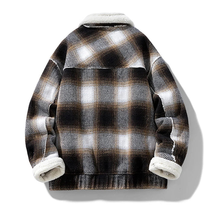 Men's Wool Jacket with Velvet Lining - Textured Plaid Weave and Reinforced Collar