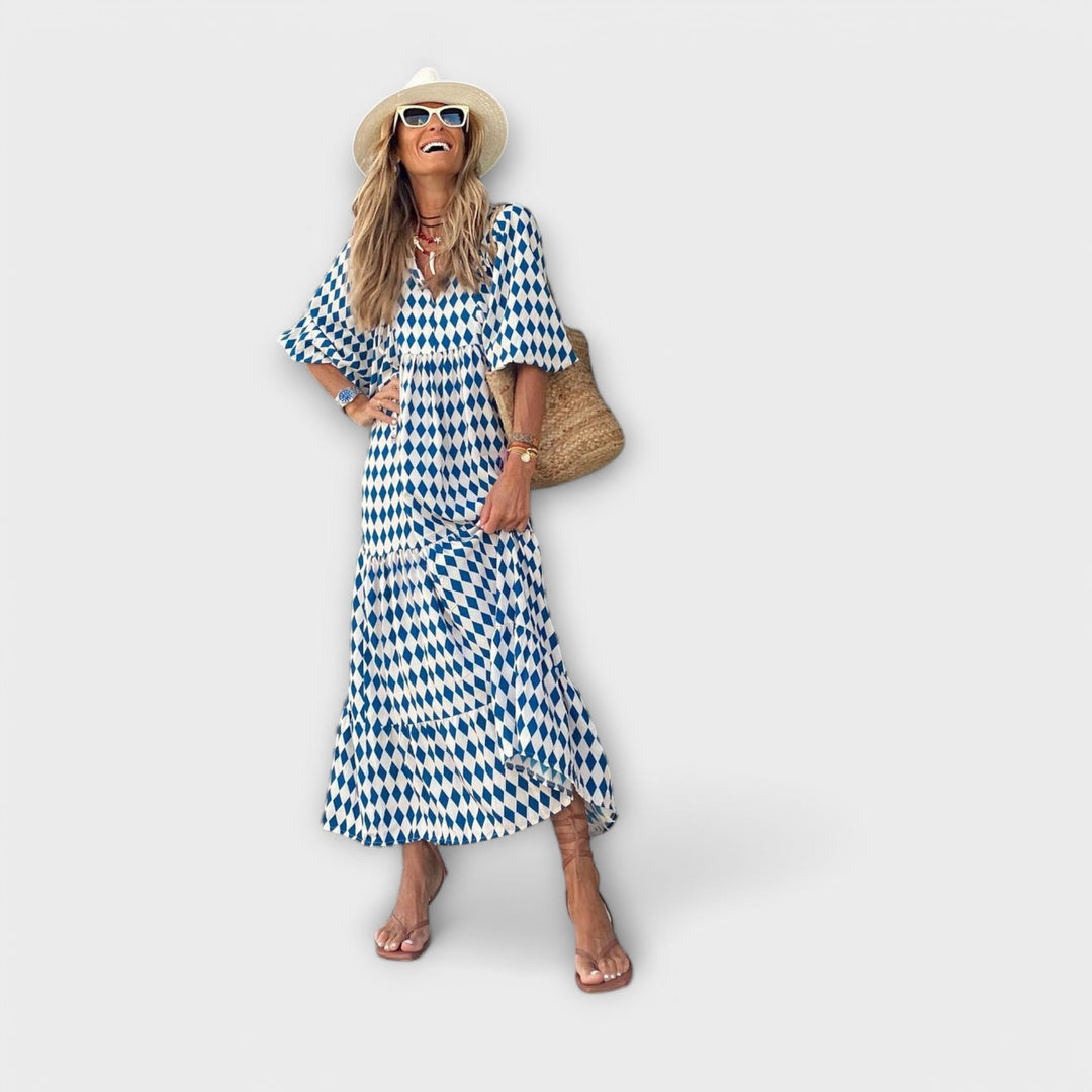 Elegant Women's Maxi Dress with Geometric Pattern - Relaxed Fit with V-Neckline