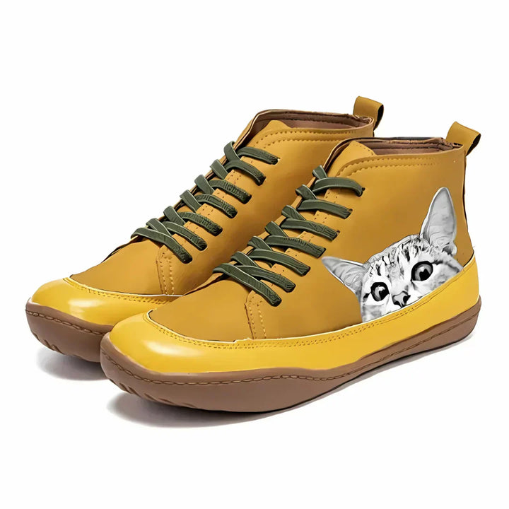 Women's Leather Ankle Boots with Cat Design - Warm-Lined Winter Boots