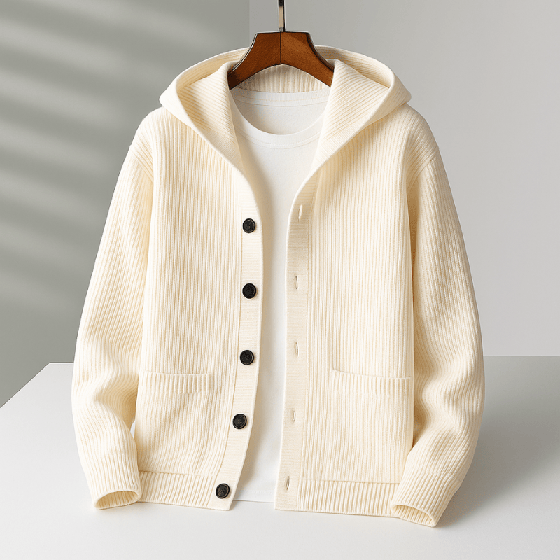 Warm Men's Hooded Cardigan - Wool Blend Cardigan with Button Closure