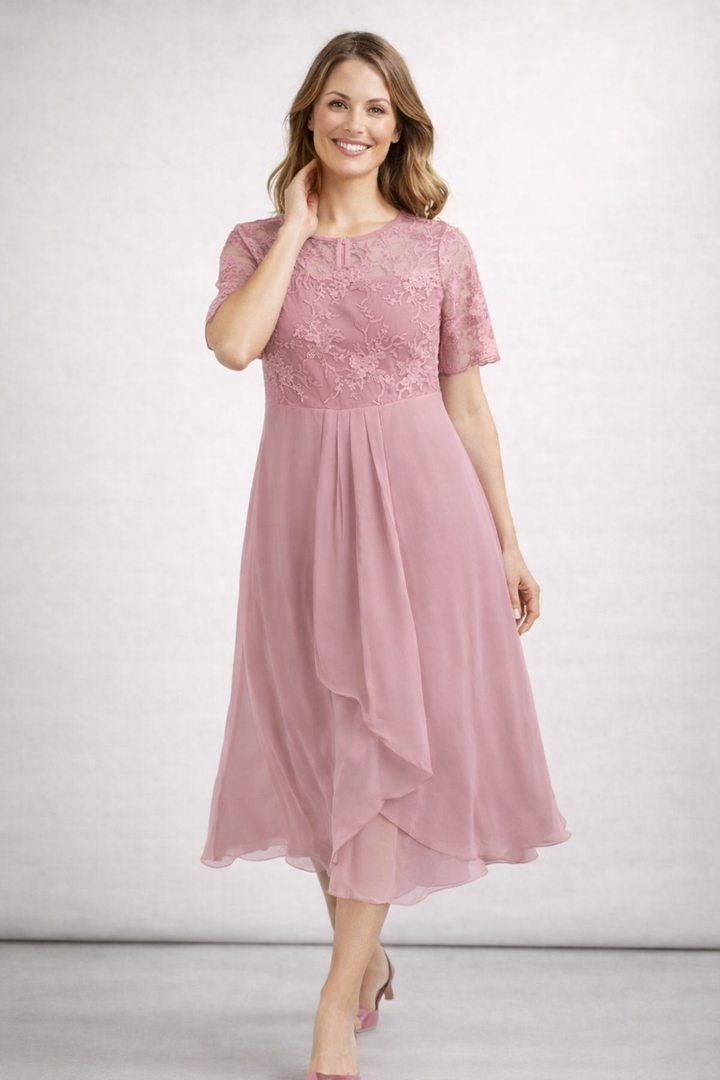 Elegant Lace & Chiffon Short Sleeve Women's Midi Dress