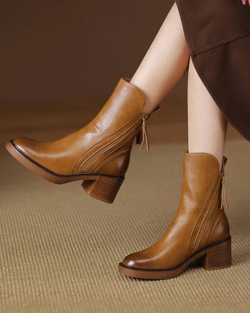 Elegant Women's Leather Ankle Boots with Block Heel - Comfortable Ankle Boots