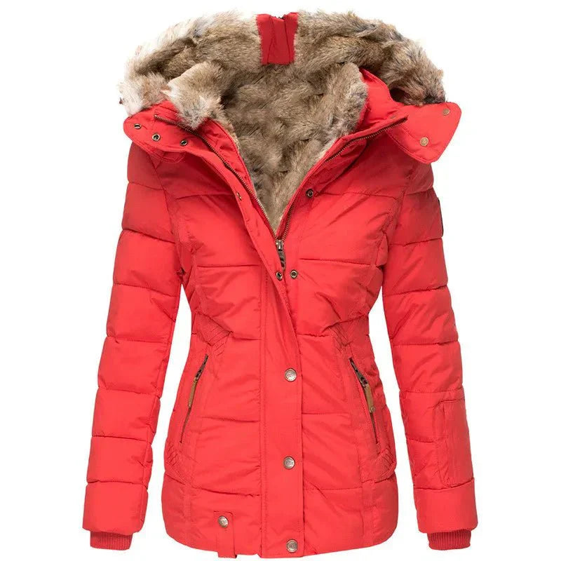 Women's Winter Jacket with Faux Fur Hood - Warm Quilted Jacket Fitted