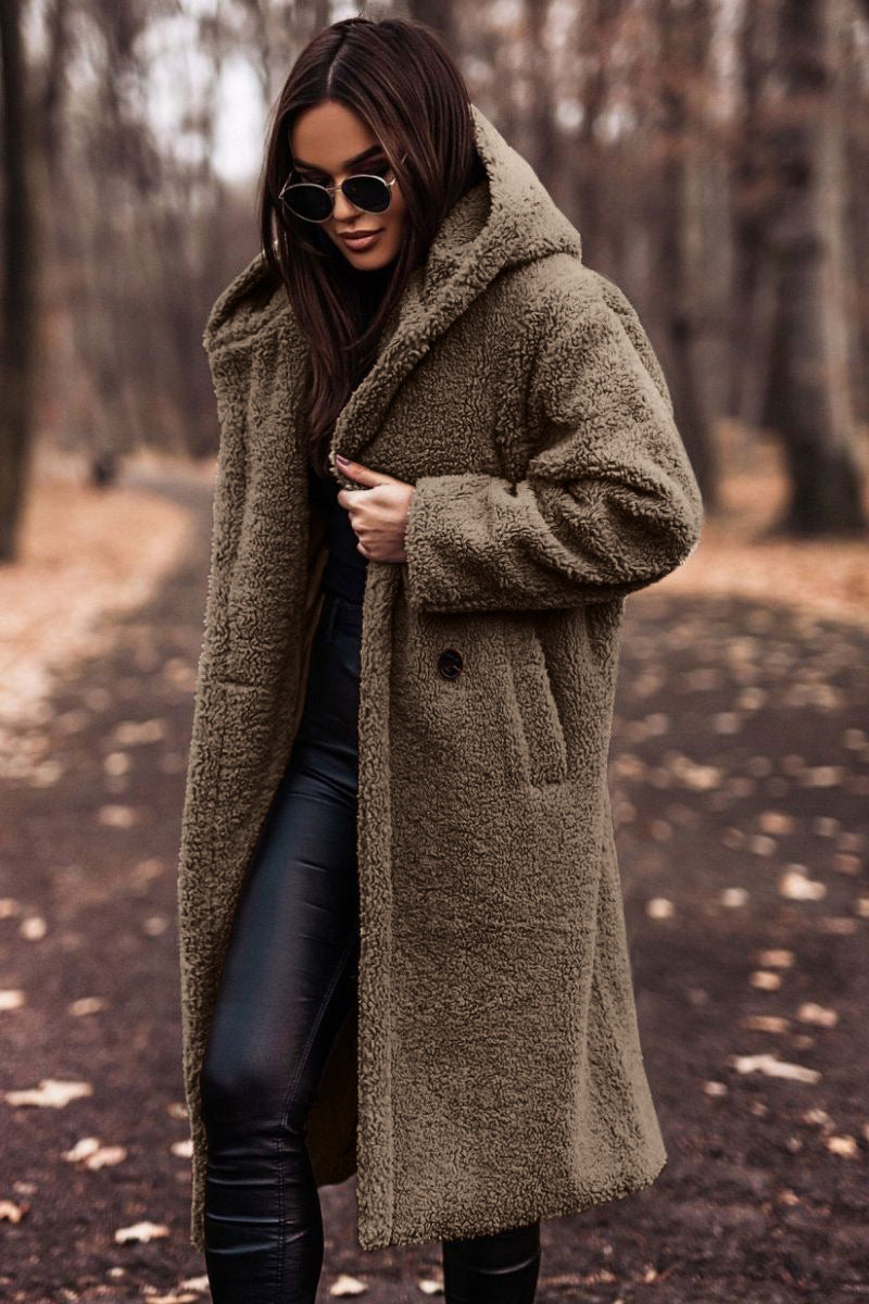 Women's Teddy Winter Coat Long with Hood - Elegant Warm Wool Coat